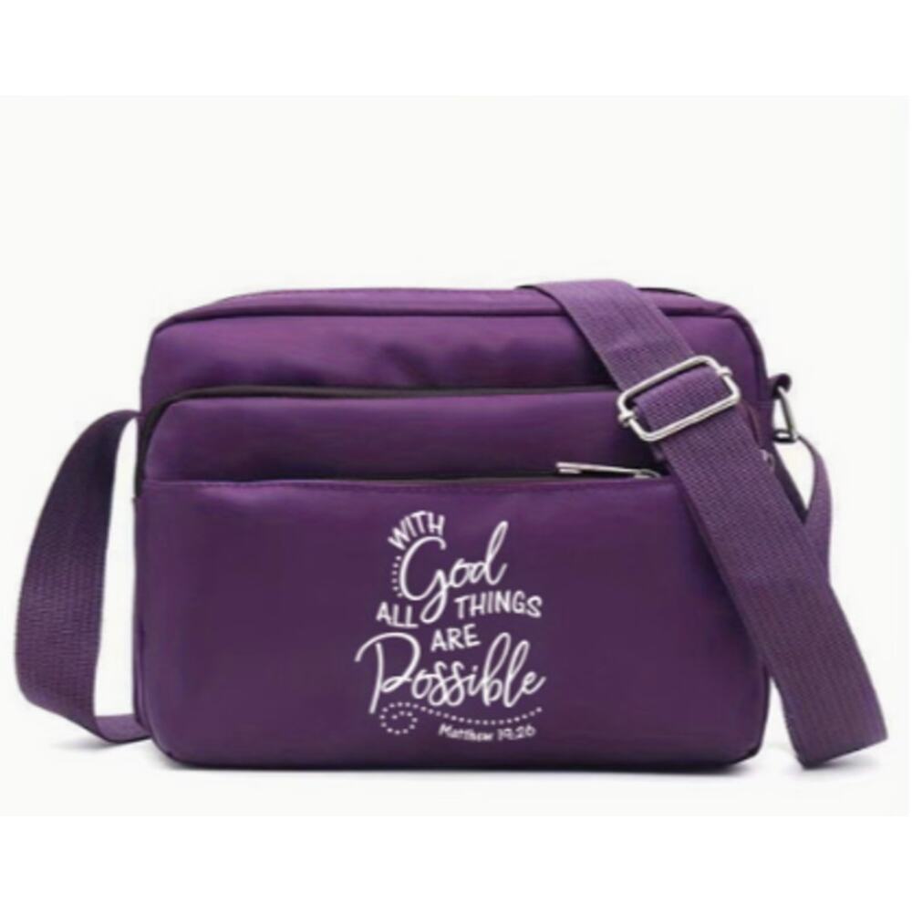 Purple Crossbody Bible "With God All Things Are Possible" Organizer Bag Tote